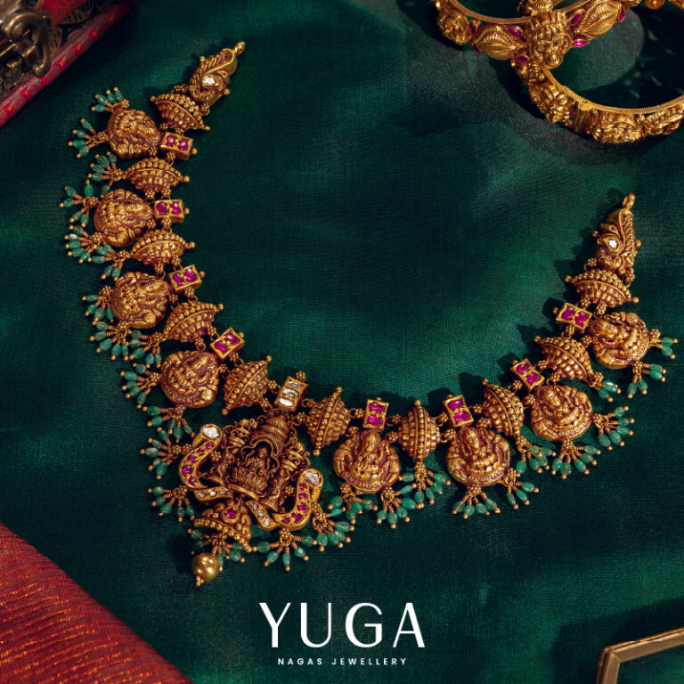 Nagas jewelry necklace with goddess motif, green hanging beads, and white and pink stones from Yuga Collection by Regal Jewellers