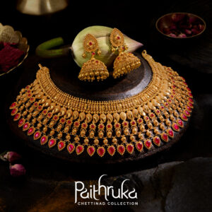Traditional Chettinad necklace and jhumkas with red rubies – Regal Jewellers bridal jewellery.