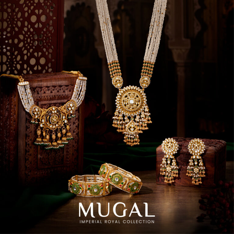 Antique bridal jewellery set from the Mugal Collection by Regal Jewellers featuring pearl-layered necklaces, gemstone-studded bangles, and statement earrings with traditional craftsmanship.