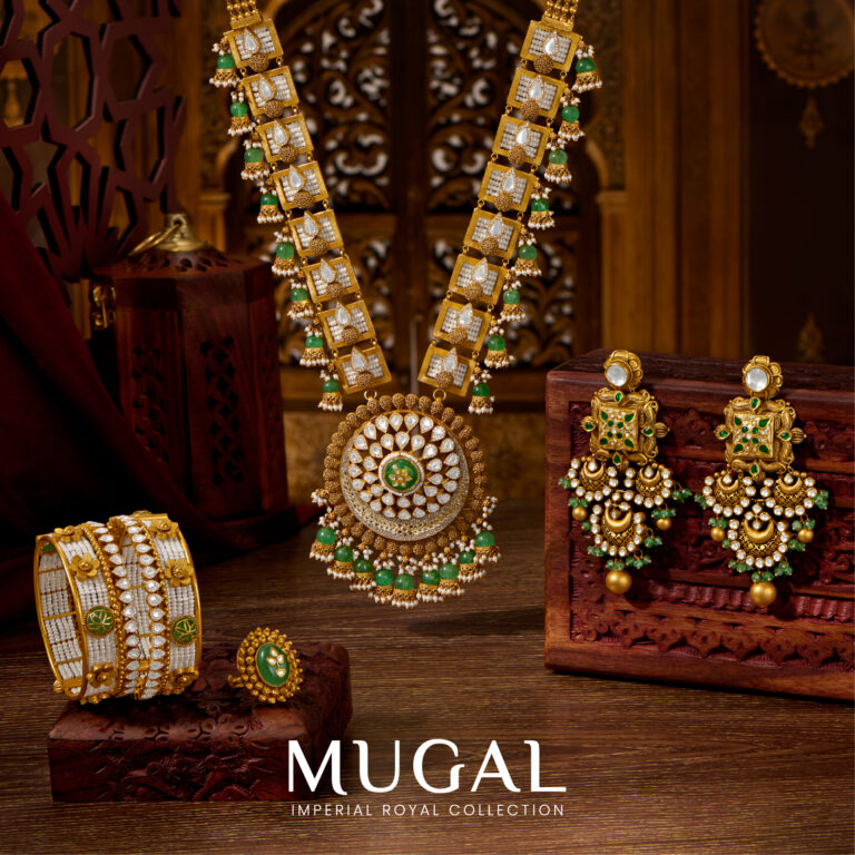 Mughal-inspired bridal jewellery set by Regal Jewellers featuring an intricately designed gold necklace with gemstone accents and matching earrings.