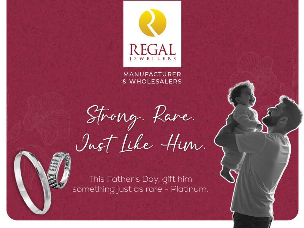 Father’s Day platinum jewellery gift banner – bracelets, rings, and chains by Regal Jewellers