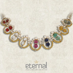 Eternal Polki Jewellery Collection by Regal Jewellers — handcrafted Polki necklace with multicoloured beaded gemstones in gold, blending traditional charm with modern artistry.
