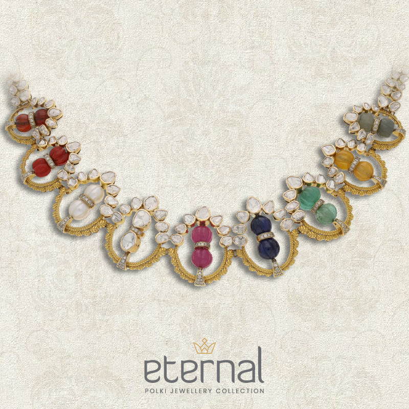 Eternal Polki Jewellery Collection by Regal Jewellers — handcrafted Polki necklace with multicoloured beaded gemstones in gold, blending traditional charm with modern artistry.