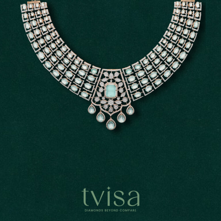 Tvīsa Diamond Collection necklace by Regal Jewellers featuring multi-row diamond detailing and pastel gemstone accents, crafted for luxury bridal and festive elegance.