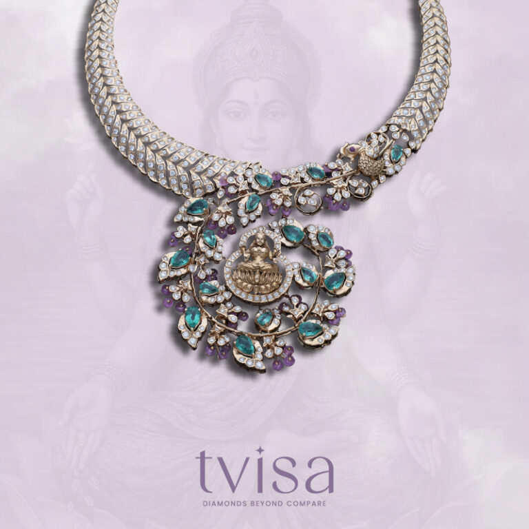 Tvīsa Diamond Collection necklace by Regal Jewellers featuring brilliant diamonds, emerald and amethyst gemstones, floral detailing, and a central deity motif — a handcrafted luxury statement piece.