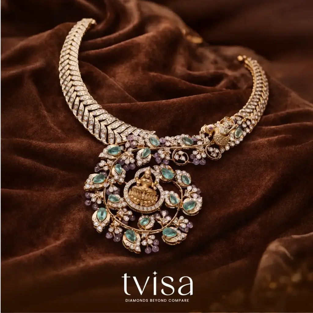 Tvisa diamond temple necklace with turquoise blue stones and goddess pendant