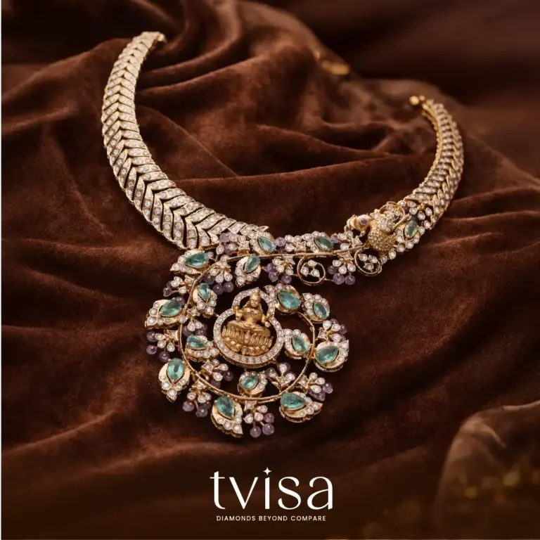 Tvisa diamond temple necklace with turquoise blue stones and goddess pendant