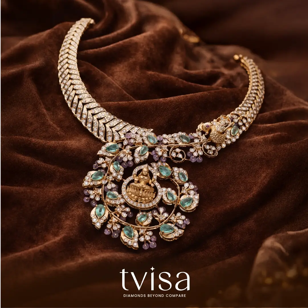 Tvisa diamond temple necklace with turquoise blue stones and goddess pendant