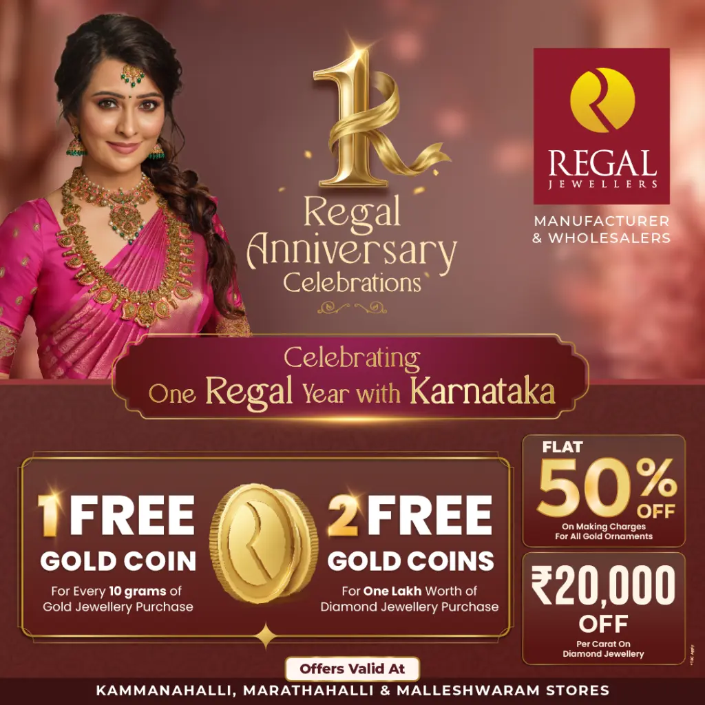 Regal Jewellers banner showcasing jewellery anniversary offers in Bangalore with festive gold and bridal jewellery discounts.