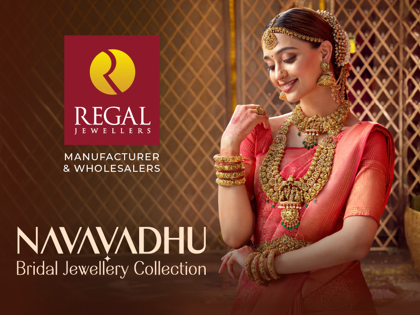 Navavadhu bridal jewellery collection by Regal Jewellers featuring traditional South Indian brides adorned in gold bridal necklaces, temple jewellery, and heirloom wedding designs.