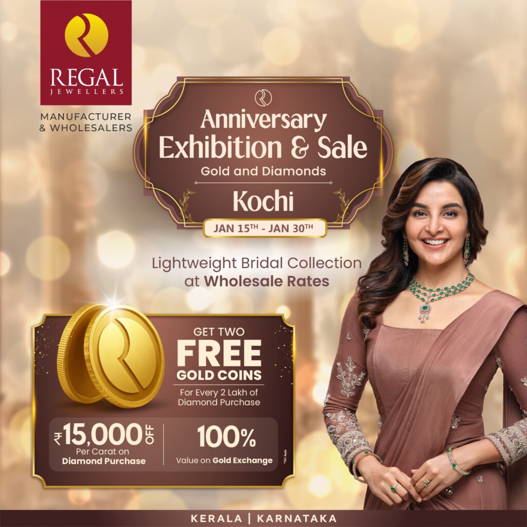 Regal Jewellers Kochi anniversary exhibition and sale with diamond offers, free gold coins, lightweight bridal jewellery and gold exchange benefits