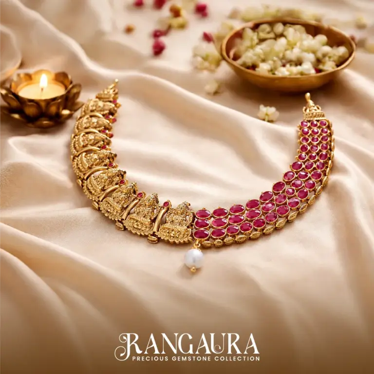 Rangaura ruby gemstone necklace with temple motifs and pearl drop