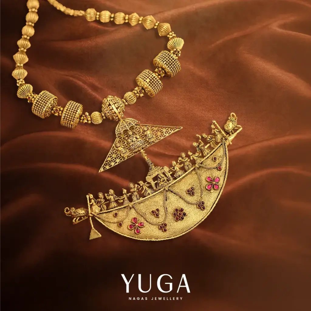 Yuga Nagas traditional gold necklace with boat motif and ruby stones