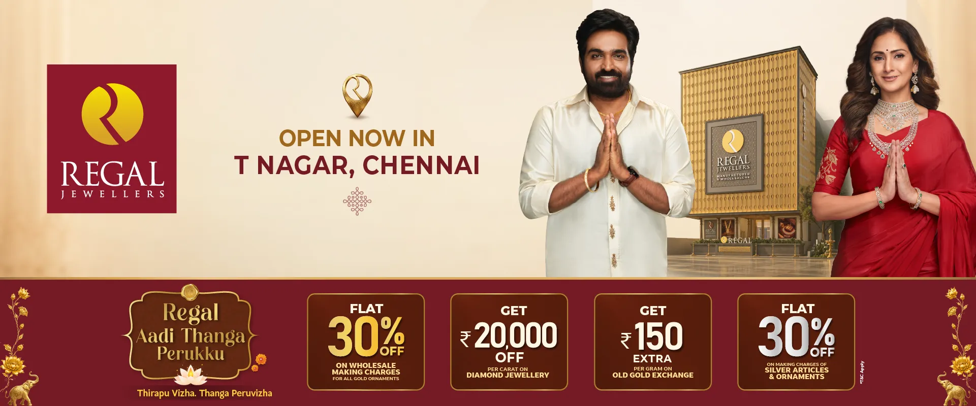 Regal Jewellers T. Nagar showroom now open in Chennai with exclusive Aadi offers on gold, diamond, silver and old gold exchange.