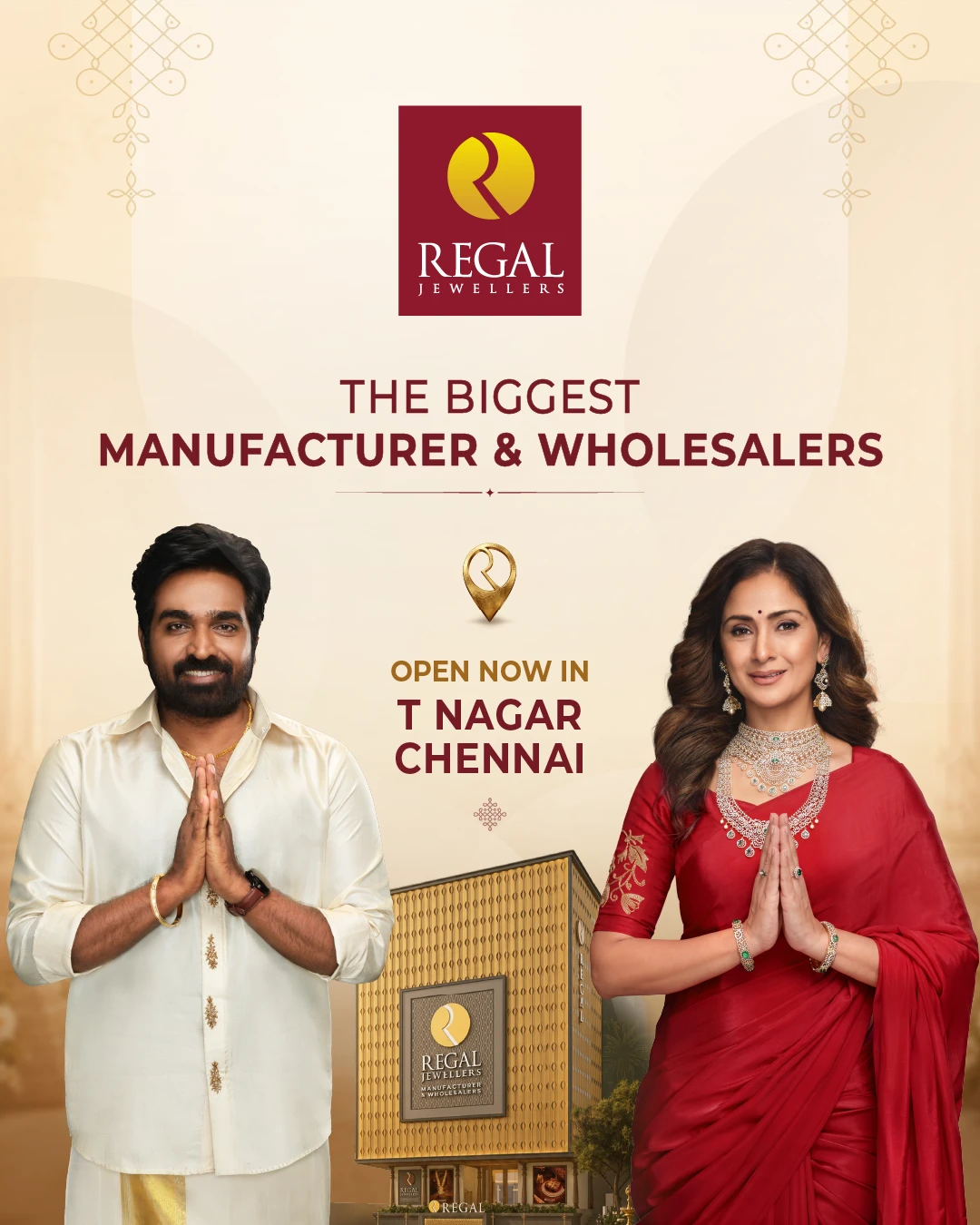 Regal Jewellers now open in T. Nagar Chennai with Tamil Nadu brand ambassadors Vijay Sethupathi and Simran