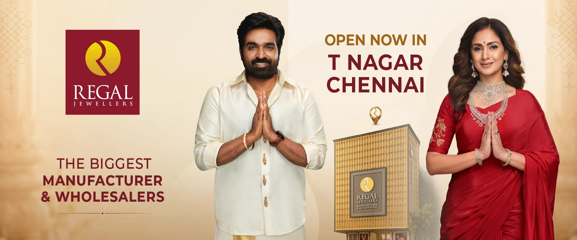 Regal Jewellers is now open in T. Nagar, Chennai, with Vijay Sethupathi and Simran representing the brand’s Tamil Nadu journey.