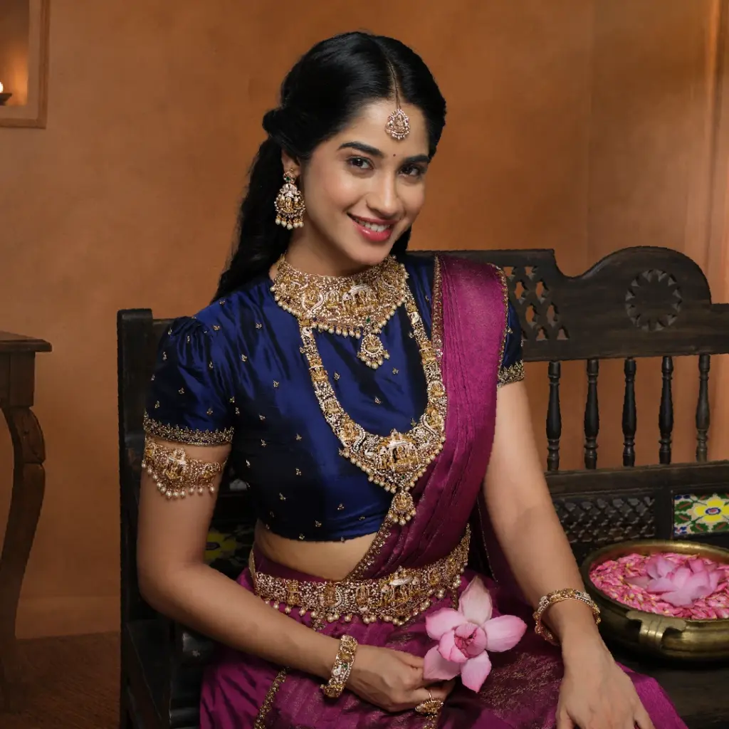 South Indian diamond temple bridal jewellery with traditional Lakshmi gold necklace and choker