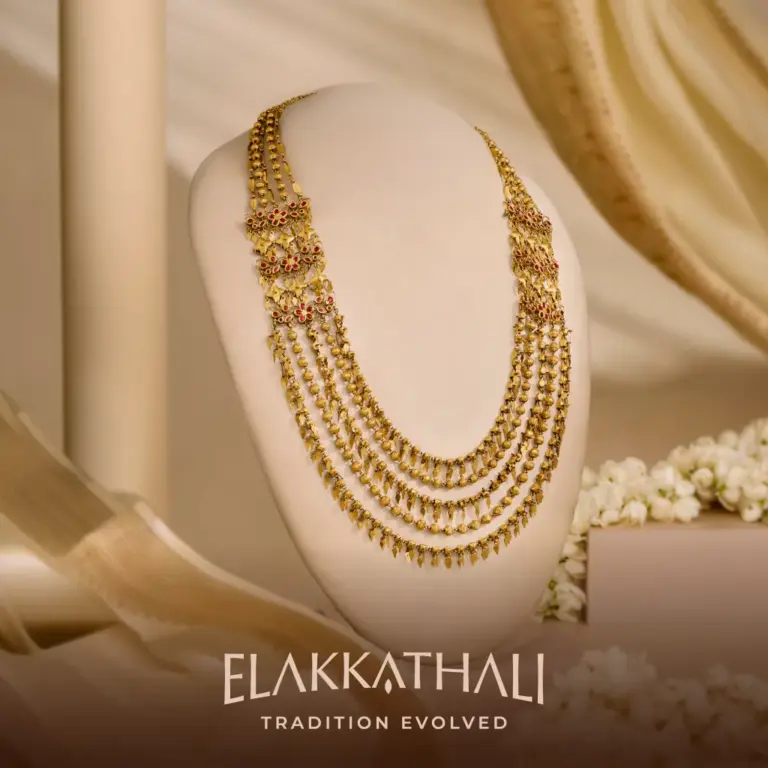 Traditional Elakkathali long gold necklace with layered thaali motifs from Regal Jewellers