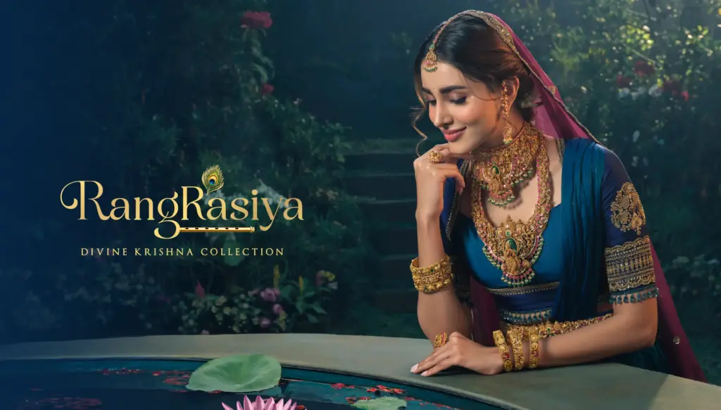 Woman wearing traditional gold necklaces from RangRasiya Divine Krishna Collection
